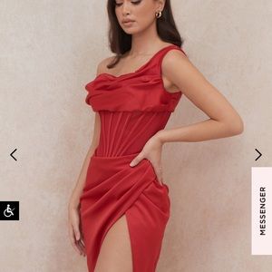 LULU RED ASYMMETRIC DRAPE MIDI CORSET DRESS L+